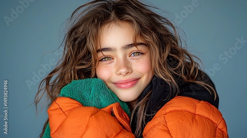 there is a young girl wearing an orange jacket and a green jacket