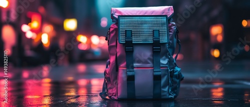 Backpack stands on wet pavement, city lights blurred, neon reflections