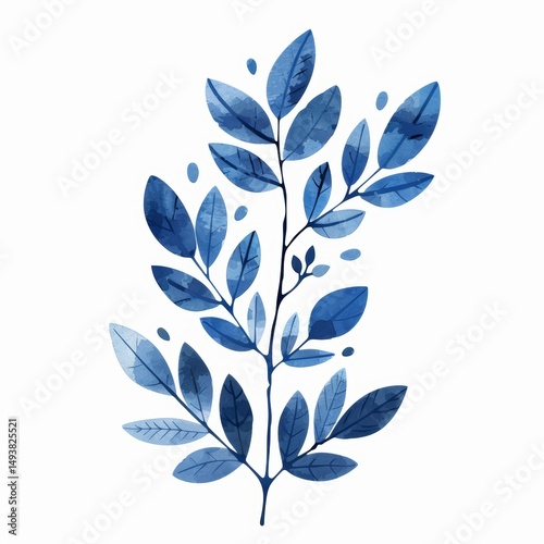 Blue Watercolor Branch with Leaves