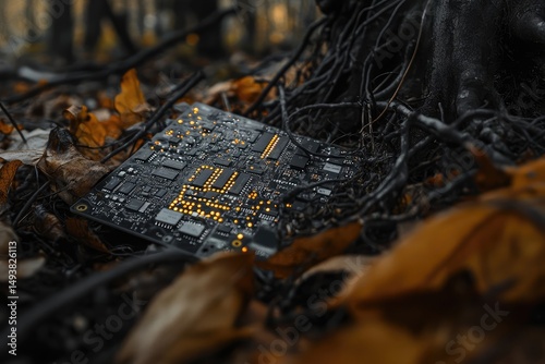 A discarded circuit board rests amidst autumn leaves and tree roots, symbolizing technological obsolescence in nature.