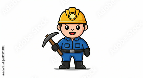Cheerful miner with pickaxe smiles