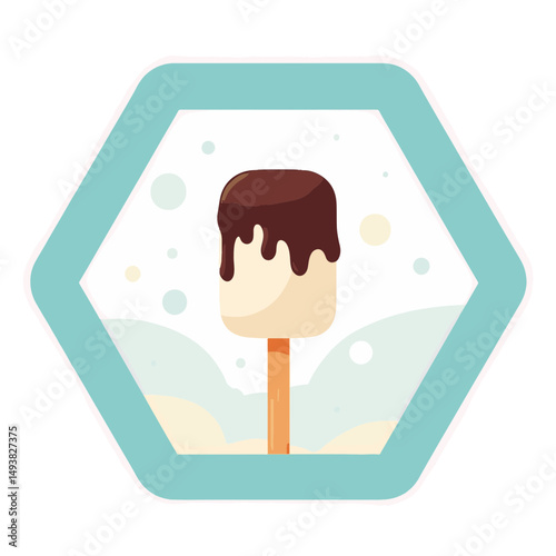 Stylized ice cream popsicle topped with chocolate on a light mint background featuring soft circular bubbles, sweet concept of dessert shop or cafe