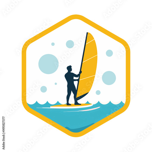 Silhouetted man windsurfing on calm water with playful bubbles in the background, vibrant summer activity concept of water sports or outdoor adventures