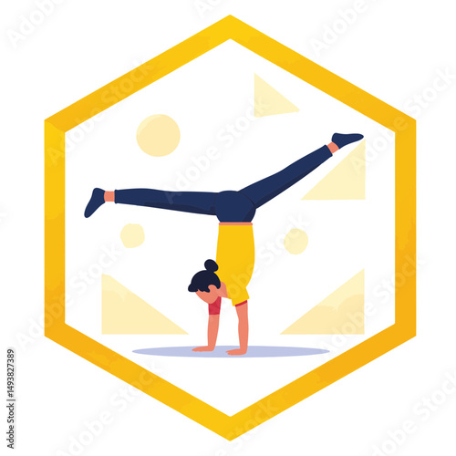 Young woman in a yellow shirt joyfully performing a handstand against a bright geometric background, fitness concept of summer activities or health promotion