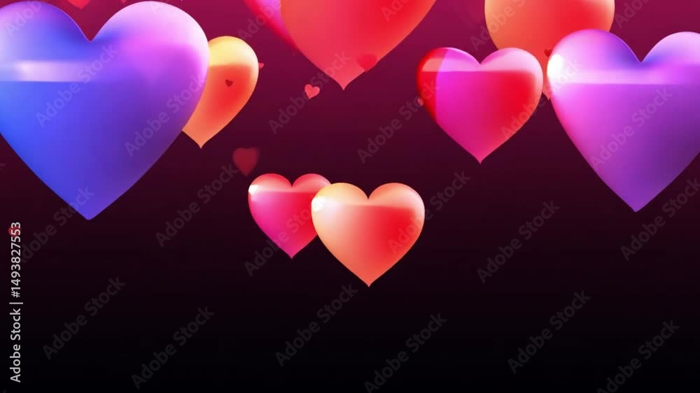 Valentine's Day bokeh background with floating hearts in deep pink and red shades