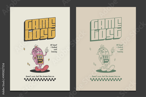 retro poster with a slot machine cartoon character, vector illustration