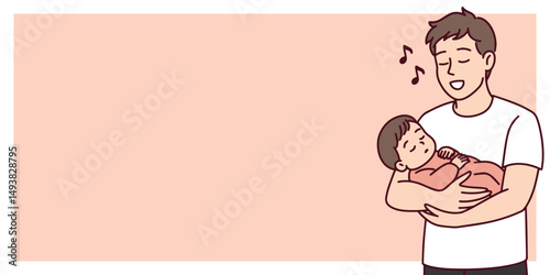 Illustration of father holding sleeping daughter lovingly, representing emotional bonding, care and trust, with additional space for text on the right side. Copy space