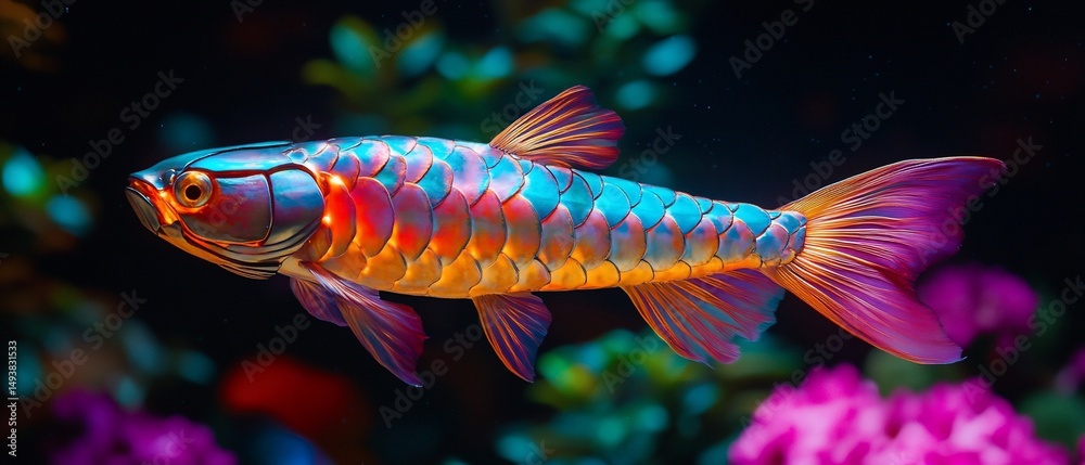 Fototapeta premium Colorful fish swims among vivid underwater plants in an aquarium setting