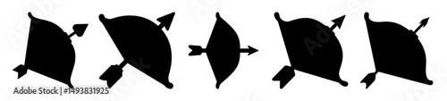 Archery bow and arrow silhouette icons-Collection of black silhouette icons of archery bows with arrows, flat vector illustrations representing sports equipment for archery practice and competition.