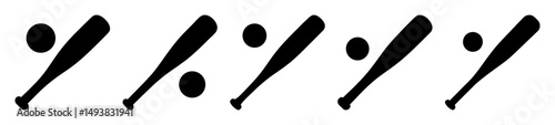 Baseball bat and ball silhouette icons-Set of black silhouette icons of baseball bats with balls, flat vector illustrations representing sports equipment for baseball and softball.
