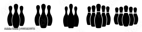 Bowling pins silhouette icons-Set of black silhouette icons of bowling pins arranged in groups, flat vector illustrations representing bowling equipment.