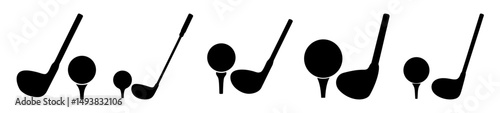 Golf club and ball silhouette icons-Set of black silhouette icons of golf clubs and balls on tees, simple flat vector illustrations representing golfing equipment.
