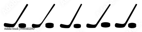 Hockey sticks and pucks silhouette icons-Row of black silhouette icons featuring hockey sticks and pucks, representing the sport of ice hockey in a simple flat style.