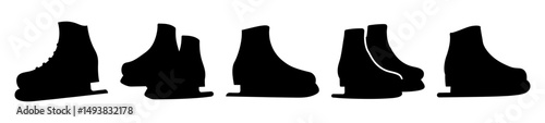 Ice skate boot icons in black silhouette style-Set of black silhouette icons showing ice skate boots with blades, symbolizing winter sports, skating, and recreational ice activities.