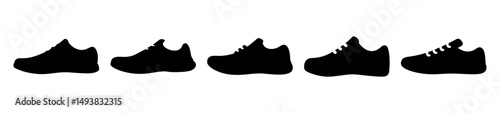 Sneaker and shoe icons in silhouette style-Collection of black silhouette icons showing sneakers and shoes, symbolizing footwear, fashion, sportswear, and casual style in simple design.