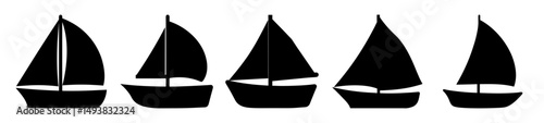 Sailboat icons in black silhouette design-Collection of black silhouette icons depicting sailboats with sails, symbolizing travel, adventure, sailing, and nautical themes in simple style.