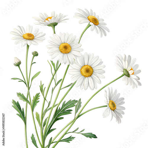 Cluster of white daisies with bright yellow centers and green stems, isolated on a light gray background.