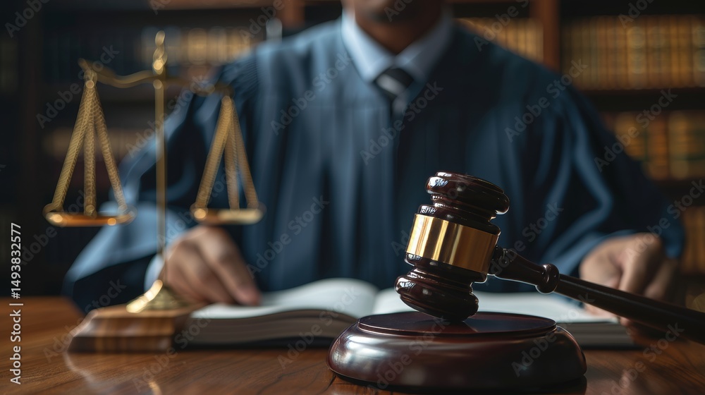 Judge with Gavel and Scales of Justice in a Courtroom Setting