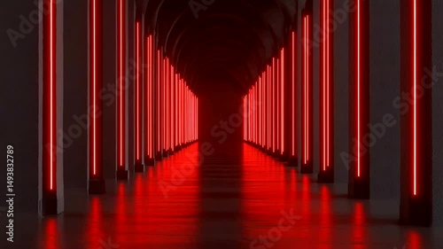 Hallway view with archway & vertical light strips; intense red glow reflecting on floor, vanishing point in distance