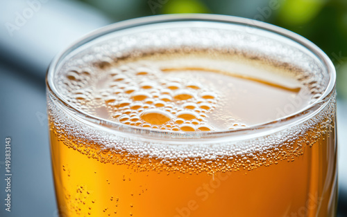 Closeup of a refreshing golden beer with bubbles