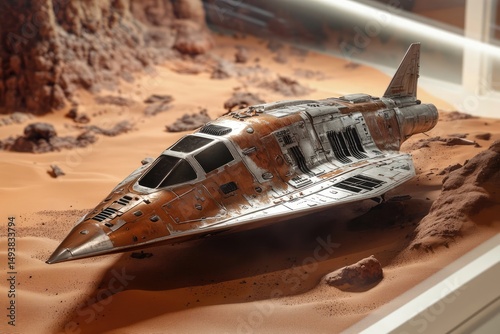 A weathered spaceship rests on a desolate, rusty red planet, its journey seemingly ended. photo