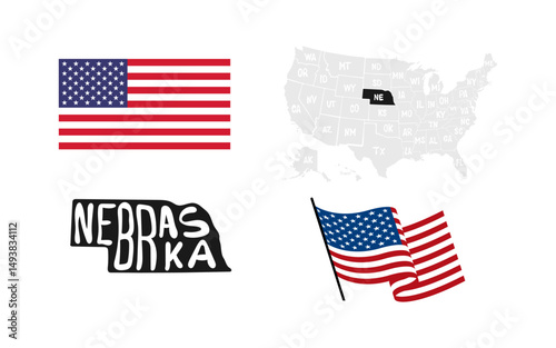Nebraska State. USA flag. Map of the USA