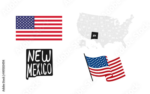 New Mexico State. USA flag. Map of the USA