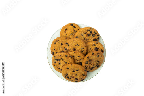 Chocolate chip cookies on plate, top view, isolated on a transparent background