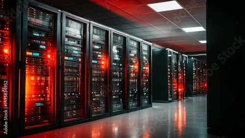 Server room with black racks and flashing lights down a corridor