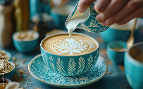 Stunning Latte Art in a Teal Cup - A Perfect Morning Brew photo
