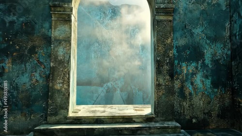 Weathered stone archway reveals a misty mountain vista