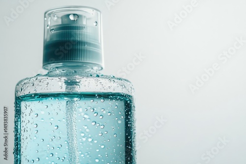 A close-up of a spray bottle filled with blue liquid, water droplets clinging to the bottle's surface. photo