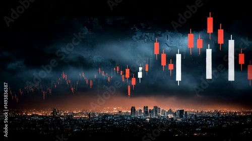 Market Decline Red candlestick charts overlaid over city skyline with global map backdrop