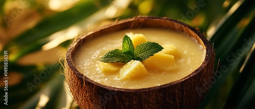 Creamy pineapple dessert in coconut bowl