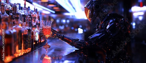 Cybernetic figure at a bar. Glassware, bottles and futuristic neon lighting present