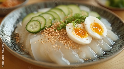 Delicate translucent noodles, sliced cucumbers, halved hard-boiled eggs, sesame seeds, and scallions artfully arranged on a plate