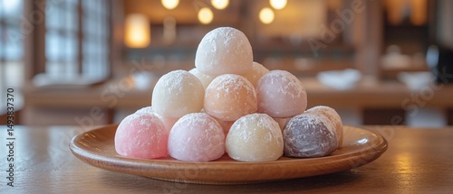 Delicate mochi pyramid on wooden plate, pastel colors, blurred cafe background