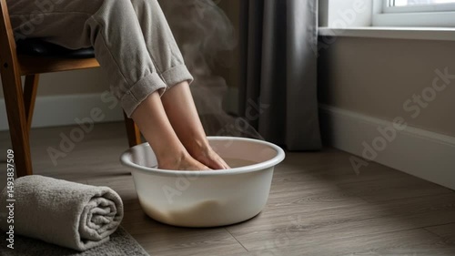 Woman soaking feet in basin at home while relaxing  