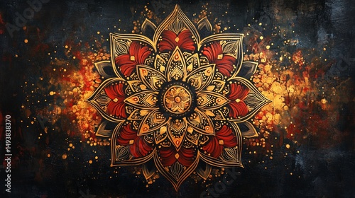 Detailed mandala with red and gold hues on dark textured background with bokeh effect