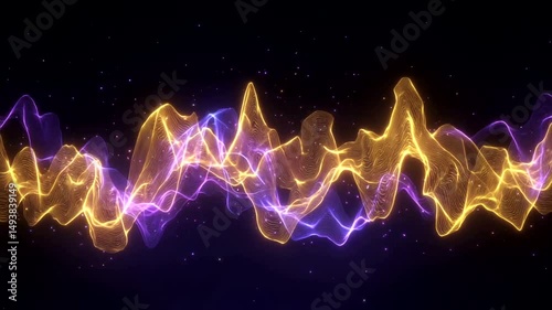 Abstract wave patterns glowing in hues of gold and purple float on a dark background with star dust
