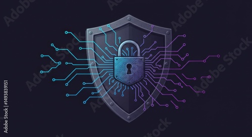 Digital shield with padlock and circuit board lines. Data protection and cyber security concept for online safety and network defense illustration.