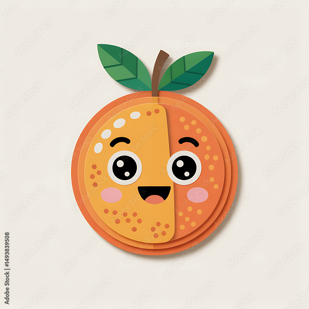 Obraz premium Orange color kids learning flashcard, paper collage style with a happy orange fruit character