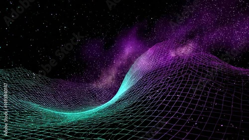 A starry digital landscape with teal and purple wireframe hills under a glowing space background
