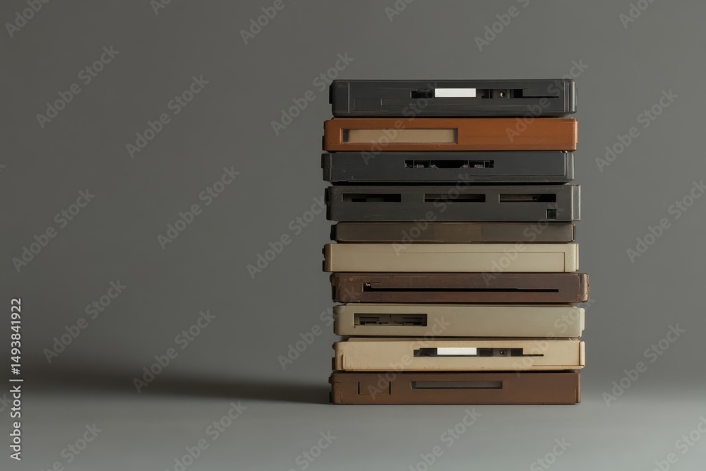 Fototapeta premium A stack of vintage video cassettes, showcasing nostalgic technology and retro media.