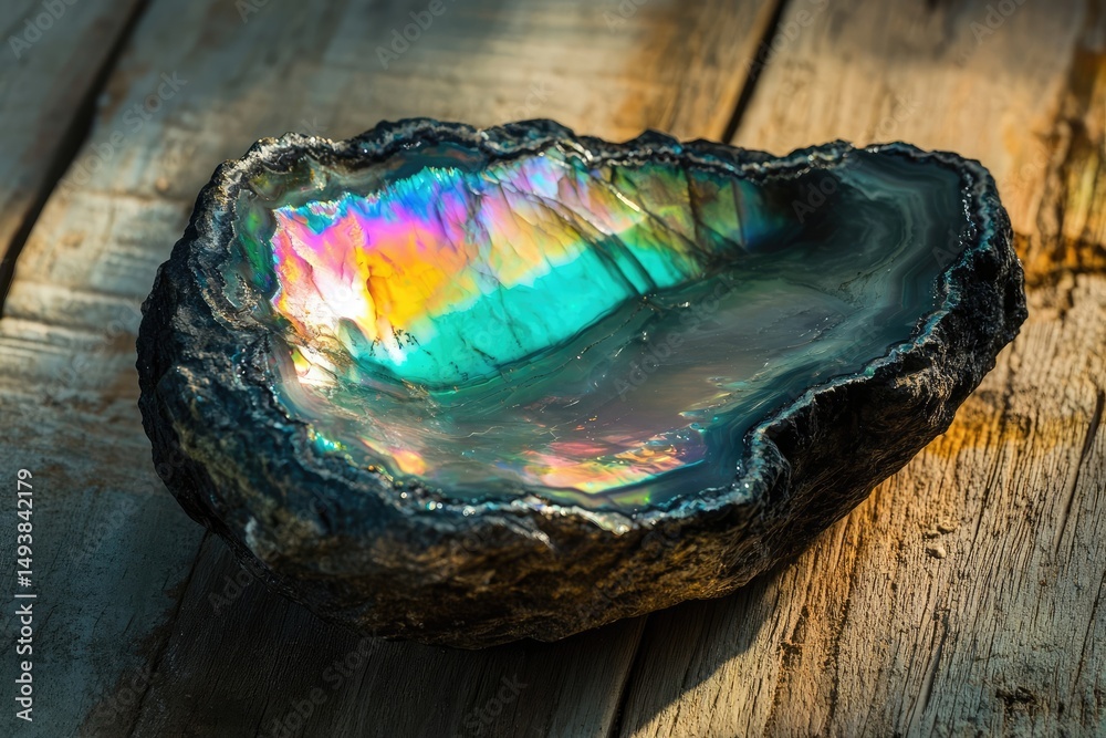 Fototapeta premium A polished labradorite geode displays vibrant iridescent colors, resembling a natural gemstone bowl.