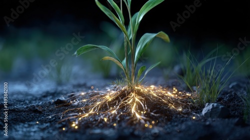 Young plant with glowing neural-like roots in dark soil, futuristic concept of organic connectivity, biotechnology, and intelligent nature