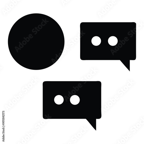 Black and white speech bubbles with retro media icons like cassette tapes and floppy disks