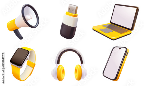 This modern collection features yellow tech gadgets a laptop, a stylish watch, and beautiful headphones
