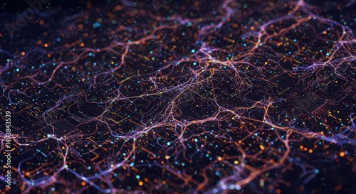 Glowing intricate network of connections on a digital board. Abstract concept of technology, communication, data, and a futuristic system.
