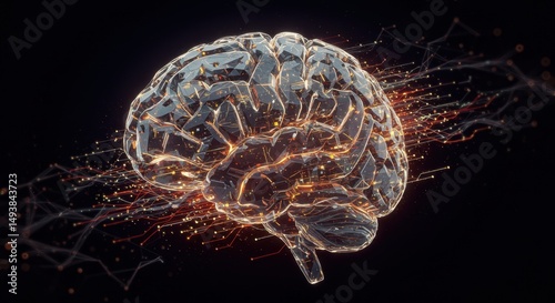 Abstract brain with glowing neural network connections. Human intelligence and artificial intelligence concept. Data and communication technology illustration.